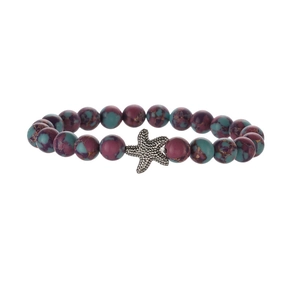 Handmade beaded bracelet with purple turquoise stones and a silver starfish charm