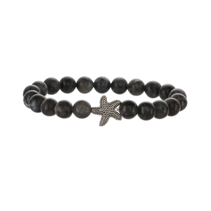 Handmade beaded bracelet featuring dark grey stone beads and a silver starfish charm