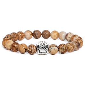 Macro detail of 10mm natural stone beads with vintage silver dog paw charm bracelet