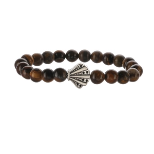 Handmade tiger eye beaded bracelet featuring a silver shell charm on a white background