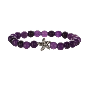 Detailed close-up of purple beaded bracelet featuring a silver starfish charm on white background
