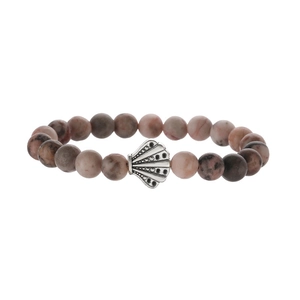 Handmade stone bead bracelet featuring a silver shell charm with pink zebra jasper stones