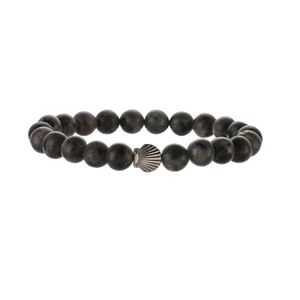Beaded bracelet with dark grey matte natural stones and a silver shell pendant