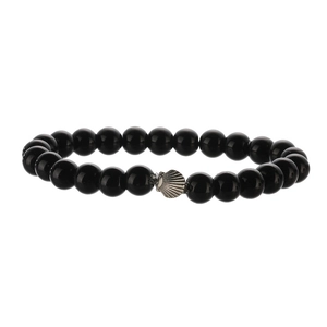 Handmade black agate beaded bracelet featuring a silver polished seashell charm pendant