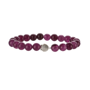 Macro shot of purple beaded bracelet with detailed silver seashell charm on white background