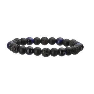 Detail eines elastischen Armbands mit schwarzen Perlen, Vulkanstein und Tigerauge