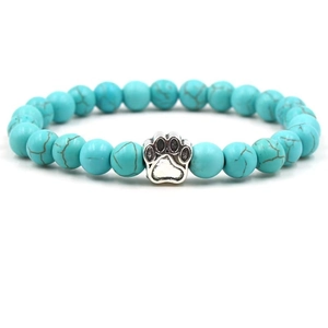 Blue turquoise beaded bracelet featuring a silver dog paw print charm for men and women