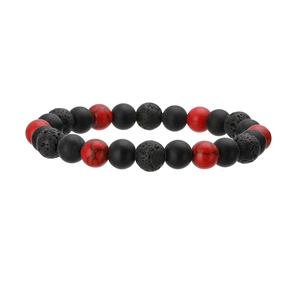 Tigerauge- und Hämatit-Perlenarmband mit schwarzer Lava und roten Rissstein-Perlen