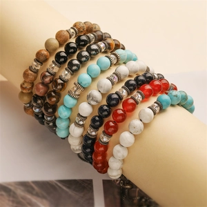Natural tiger eye and turquoise adjustable beaded bracelets with vintage silver accents