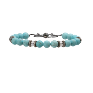 Adjustable turquoise beaded bracelet with crystal accents and black braided rope