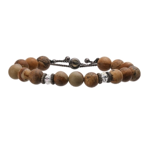 Adjustable natural stone beaded bracelet with earth-tone picture jasper and metal slider