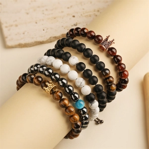 Natural Stone Tiger Eye Agate Bracelet For Men Women Adjustable Crown Charm Handmade Beaded Bracelet Howlite Jewelry Gift
