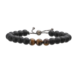 Adjustable natural tiger eye and matte black beaded bracelet with gunmetal sliding knot
