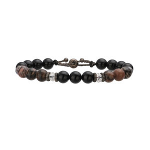 Macro shot of natural tiger eye and onyx beaded bracelet with adjustable woven rope closure