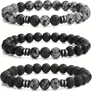 Three-piece set of natural volcano, snowflake obsidian, and matte agate beaded bracelets