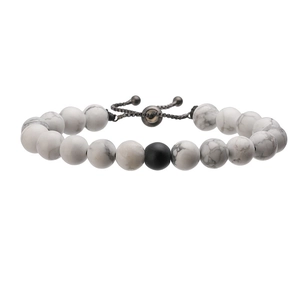 Adjustable white turquoise bead bracelet with matte black center bead and slider chain