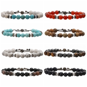 Handmade Natural Tiger Eye Agate Turquoise Beaded Bracelet For Men Adjustable Stone Beads Wristband Vintage Jewelry Gift