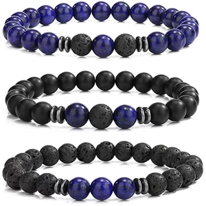 Detail of beaded bracelet set with lapis lazuli, black agate and porous volcanic stones