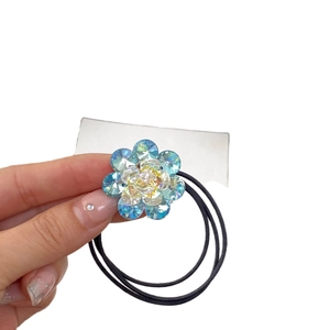Handheld blue crystal flower hair tie with durable double black elastic cord for women