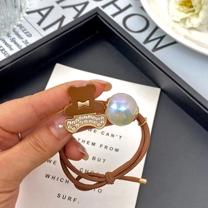 Cute Korean style hair tie with a rhinestone bear and iridescent pearl on elastic band
