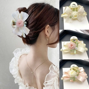 Eleganter Rosenblumen Bogen Haarklammer Satinband Netz Schmetterling Haarklemme Mit Künstliche Perle Für Damen Hochzeit Party Schmuck