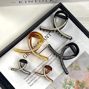 Elegant French Style Crossed Knot Hair Claw Clip With Rhinestones Glossy Resin Shark Clip Hair Accessories For Women Jewelry