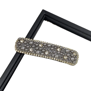 Elegant vintage gray pearl hair clip with crystal accents and gold alloy trim