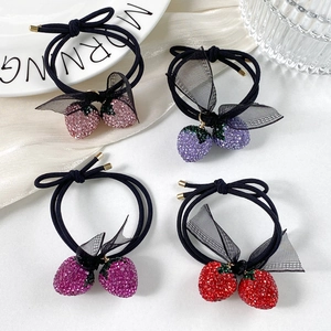 Élastiques à Cheveux Fraise en Strass Style Coréen Avec Nœud en Maille Cordes à Cheveux Élastiques Pour Femmes Accessoires Cheveux Fruits