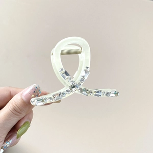Elegant Korean style cream green hair claw clip with sparkling crystal inlay for women