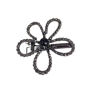 Fashionable gunmetal grey floral hair clip with charcoal rhinestones and a black bead center