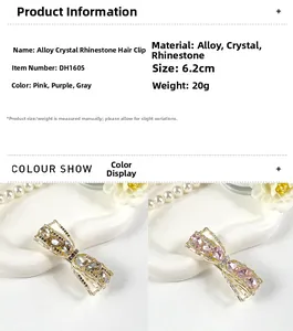 Detail view of 6.2cm bow hair clip with crystals and dimensions in luxury setting