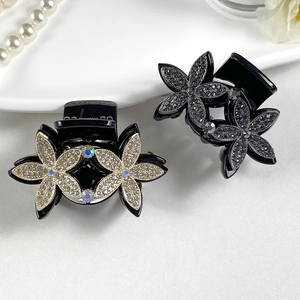 Sparkling double flower hair claw clips with champagne and black rhinestones for women