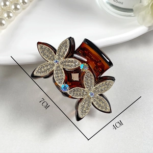 Elegant 7cm double flower hair claw clip with tortoise pattern and blue rhinestones