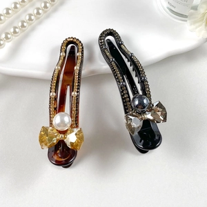 French Elegant Leopard Print Black Hair Clip For Women PC Alloy Crystal Bowknot Rhinestone Artificial Pearl Duckbill Clip Hair Accessories