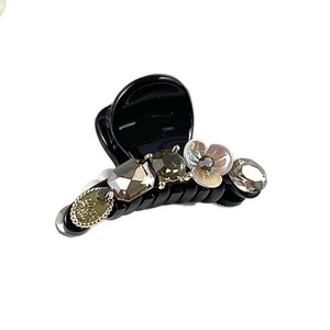French vintage resin hair claw clip with gold relief and multicolored gemstone accents