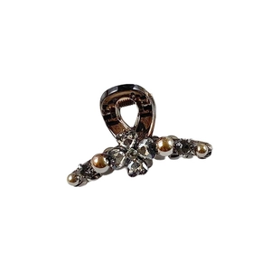 Vintage dark gray hair claw clip with rhinestones and metal beads in flower design