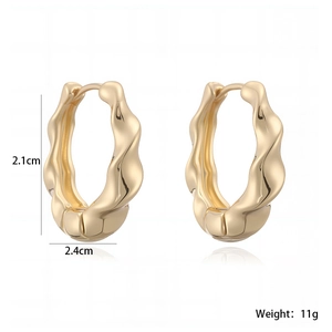 Polished gold plated wavy wave hoop earrings measuring 2.1cm by 2.4cm in minimalist design