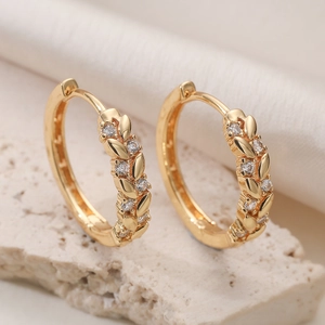 Copper Gold Plated Hoop Earrings Cubic Zirconia Wheat Ear Leaf Design Elegant Fashion Vintage Jewelry Accessory For Women