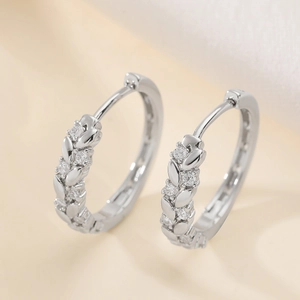 Elegant 18K gold plated wheat ear hoop earrings with sparkling zircon leaf design