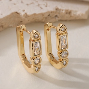 Orecchini a Cerchio in Rame Geometrico Con Zirconia Cubica per Donna Lussuosi Orecchini Huggie Rettangolari Placcati Oro Argento