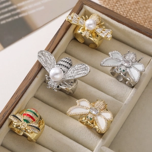 Adjustable Bee Statement Ring Gold Silver Plated Copper Zircon Enamel Artificial Pearl Animal Finger Ring Jewelry Gift For Women Girls