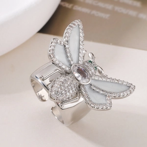 Luxe 18K gold plated bee open ring with white enamel wings and sparkling zircon accents