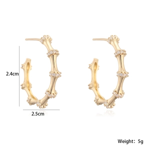 18K gold plated C-shaped bamboo earrings with zircons measuring 2.4cm by 2.5cm
