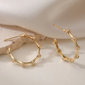 Luxury 18K gold plated bamboo C-shape hoop earrings with sparkling zircon stones