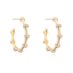 Macro detail of C-shaped bamboo earrings in 18K gold plating with inlaid zircons