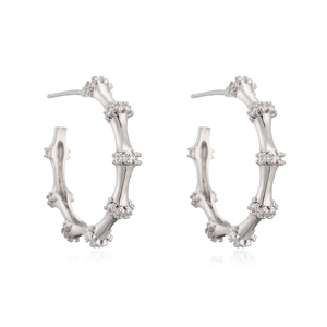 Silver 18K white gold plated C-shaped bamboo hoop earrings with sparkling cubic zirconia