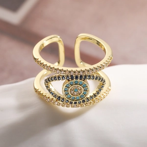 Retro 18K gold plated evil eye open ring with blue and white zircon pavé setting