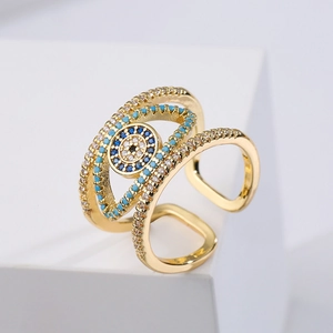 Vintage 18K gold plated evil eye open ring with blue and white zircon pavé setting