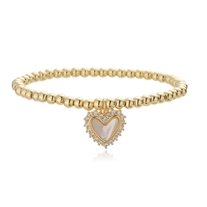Bracelet à perles plaqué or 18 carats avec pendentif cœur en nacre blanche et zircons brillants