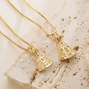 Vintage 18K Gold Plated Copper Zirconia Religious Pendant Necklace Our Lady Of Aparecida Virgin Mary Women Jewelry